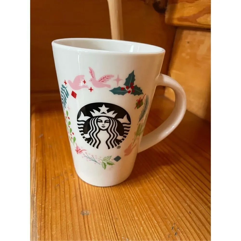 Starbucks Christmas Holiday Coffee Mug Cup Pink Doves Holly Presents Siren 12 oz